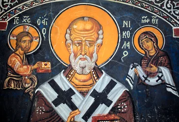 San Nicolás rodea a Cristo y María fresco bizantino del siglo XIV (1332) Nártex, pared sur Iglesia de la Virgen Phorbiotissa, sitio UNESCO Asinou región de Troodos, Chipre