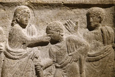 Abadía de San Víctor, Marsella. Detalle del sarcófago: Jesús curando a un ciego. Francia