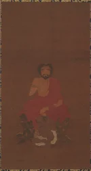 Sakyamuni sentado sobre tres criaturas demoníacas, posiblemente dinastía Yuan a principios de la dinastía Ming, siglos XIV-XV