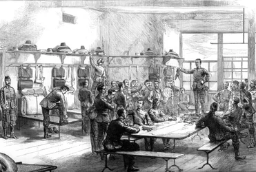 Venta del equipo de un desertor en el cuartel, 1875
