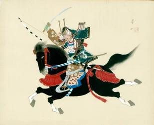 Guerrero samurái a caballo. Pintura japonesa sobre seda, de estilo tradicional japonés