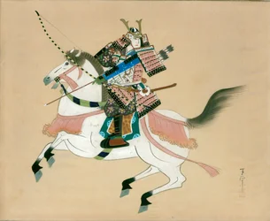 Guerrero samurái a caballo. Una pintura japonesa sobre seda, de estilo japonés tradicional