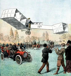 Santos-Dumont realizando el primer vuelo en avión motorizado en Europa, París, 1906