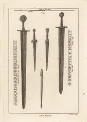 Armas sajonas: espada de hierro antigua 1,2, y dagas y puñales 3,4 encontrados en el río Wytham, Lincolnshire, y un virote de ballesta encontrado en el campamento en Danbury, Essex 5