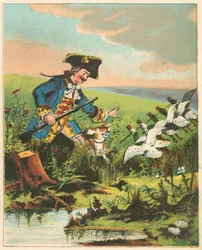 Escena de Las aventuras del Barón Munchausen por Rudolph Erich Raspe, c. 1850