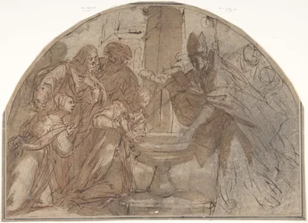 Escena de un bautismo de una mujer por un obispo con espectadores, siglo XVII