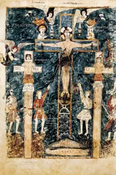 Escena de la Crucifixión, miniatura, 976