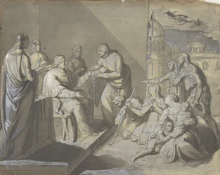 Escena con la presentación de una reliquia de un santo (recto), Cabeza de una mujer (verso), 1800-1900
