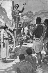 Explorador y misionero escocés David Livingstone predicando desde un carro, África, siglo XIX