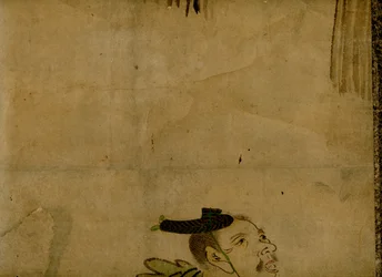 Pintura en pergamino que representa un equipo de comedia tradicional japonés de dos hombres conocido como manzai