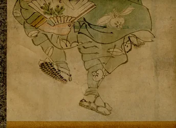 Pintura en pergamino que representa un equipo de comedia tradicional japonés de dos hombres conocido como manzai (2)