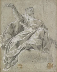 Figura femenina sentada en una nube, mirando hacia arriba, 1600-1675