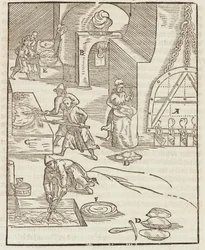 Secado del cobre purificado, después de la extracción del mineral de plata - Grabado extraído de Descripción de los minerales y los principales métodos de explotación minera, de Lazarus Ecker
