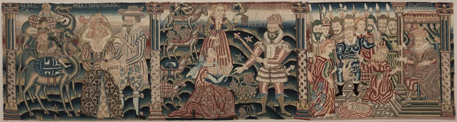 Sección de un friso bordado: Rebeca encontrándose con Isaac, Abigail encontrándose con David, 1625-1649