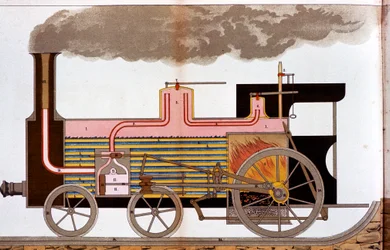 Vista seccional de una locomotora de ferrocarril de mediados del siglo XIX, 1882