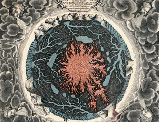 Vista seccional de la Tierra, mostrando fuego central y canales subterráneos conectados a los océanos, 1665