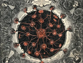 Vista seccional de la Tierra, mostrando fuego central y volcanes, 1665