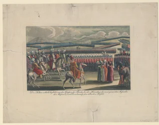 Selim III, Sultán de los Turcos, recibido en su nueva revisión de infantería en el campo