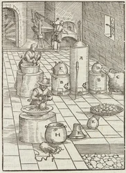 Separación de minerales de oro y mercurio - Grabado extraído de Descripción de los minerales y los principales métodos de explotación minera, de Lazarus Ecker