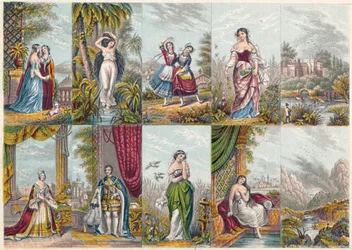 Serie de vistas y figuras, incluyendo un retrato de la Reina Victoria y el Príncipe Alberto