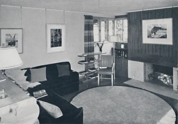 Sewall Smith. Sala de estar en la propia casa del arquitecto en Niagara Falls, N.Y., en turquesa, coral