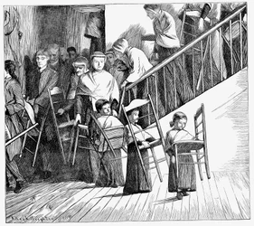 Comunidad Shaker yendo a cenar, cada uno llevando su propia silla Shaker, Estado de Nueva York, 1870