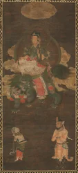 Tríada de Shakyamuni: Buda Acompañado por Manjushri y Samantabhadra Bodhisattva con León, finales de 1300s
