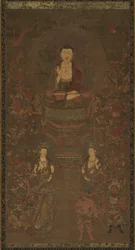 Shakyamuni Triada con los Dieciséis Protectores del Gran Sutra de la Sabiduría, 1300s