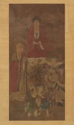 Shakyamuni con luohan, rey celestial y niños, principios del siglo XVII