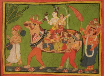 Shiva y Parvati en una vaca compuesta de mujeres ensambladas