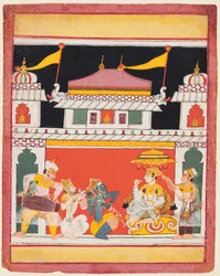 Shri Raga, de una serie de Ragamala, Tres músicos actúan ante un noble, c. 1650