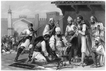Tropas sikh dividiendo el botín tomado de los amotinados, 1857, c1860