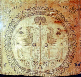 Tela de seda con leones y palmeras, región de Buk Kham, Asia central, siglo VIII-IX