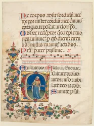 Hoja suelta de un Salterio de Coro: Inicial E[xultate Deo] con el Rey David tocando, c. 1408