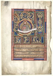 Hoja única extraída de un libro del Evangelio con inicial L[iber generationis]: San Mateo verso, c1190