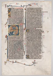 Hoja Única de una Biblia: Inicial E[t factum est] con Jonás Tragado por la Ballena, c. 1290