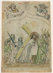 Hoja única de una Biblia Pauperum: Cristo coronado de espinas, c. 1410