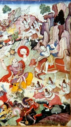 Siva destruye al demonio y Haka, manuscrito Harivamsa, Escuela Mughal, c. 1590