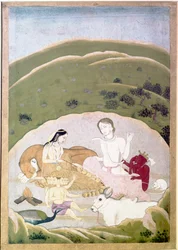 Siva y Parvati con sus hijos, Ganesh y Karttikgya en el Monte Kailash, c. 1745