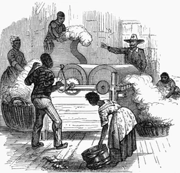 Trabajo esclavo en una plantación de algodón en los estados del sur de América, 1860