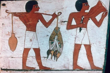 Esclavos llevando ofrendas a Osiris, Sarcófago de La Dama de Madja, XVIII Dinastía