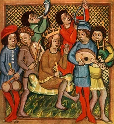 Pequeños tambores, violín, cuerno, triángulo, laúd y gaitas, Biblia de Olomouc, 1417, 1948