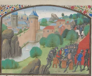 Soldados jugando a los dados ante la ciudad de Cesarea. Miniatura de la Historia de Guillermo de Tiro
