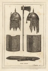 Casco con capucha de cota de malla de Souja Dowla, hacha de batalla, peto y espaldar, y armadura de brazo
