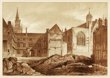 Vista sureste de la Capilla Guildhall y Blackwell Hall, Ciudad de Londres, 1886