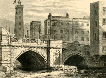 Extremo sur del Puente de Londres Antiguo, con Torre de Tiro y la Iglesia de St. Olaves, en 1820, c1878
