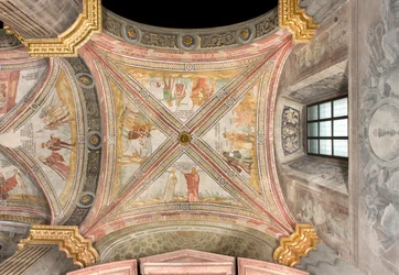 Transepto sur primer tramo este, Jacob envía al hijo de José al pasto, Complot de los hermanos para atrapar a José, Rubén sugiere tirarlo al pozo, José vendido a los mercaderes, Catedral de Santa María Assunta, Duomo, Cremona, Lombardía, Italia