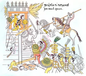 Conquistadores españoles con sus aliados nativos tlaxcaltecas atacando un templo azteca, siglo XVI