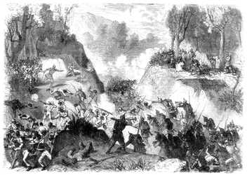Tropas españolas luchando contra el pueblo de Santo Domingo, en el paso de Monte Christi, 1864