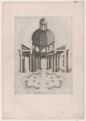 Speculum Romanae Magnificentiae: Interior y plano de un templo octogonal, ..., siglo XVI